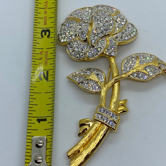 Vintage Nolan Miller Pave Sparkling Crystal Glamour Gold Tone Rose Brooch